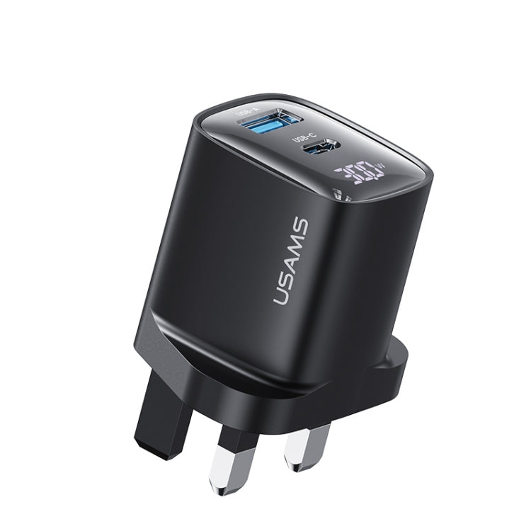 USAMS CC231 30W USB+USB-C / Type-C Dual Port GaN Digital Display Charger, Specifications: UK Plug(Black) - USB Charger by USAMS | Online Shopping UK | buy2fix