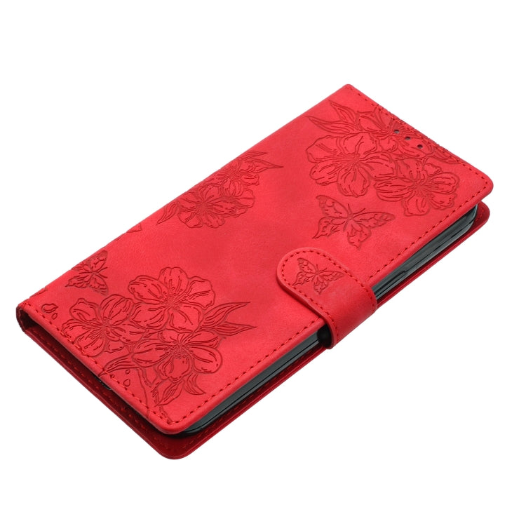 For iPhone 16 Pro Max Cherry Blossom Butterfly Skin Feel Embossed PU Phone Case(Red) - iPhone 16 Pro Max Cases by buy2fix | Online Shopping UK | buy2fix