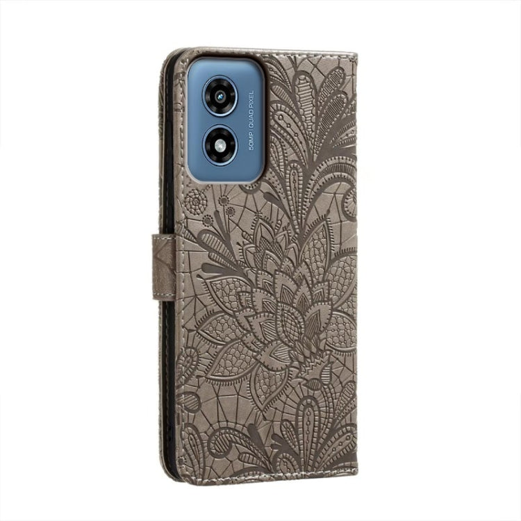 For Motorola Moto G Play 2024 Lace Flower Embossing Flip Leather Phone Case(Grey) - Motorola Cases by buy2fix | Online Shopping UK | buy2fix