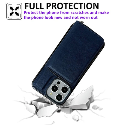 For iPhone 16 Pro Max Solid Color Zipper 11-Card Slots Bag Phone Case with Lanyard(Blue) - iPhone 16 Pro Max Cases by buy2fix | Online Shopping UK | buy2fix