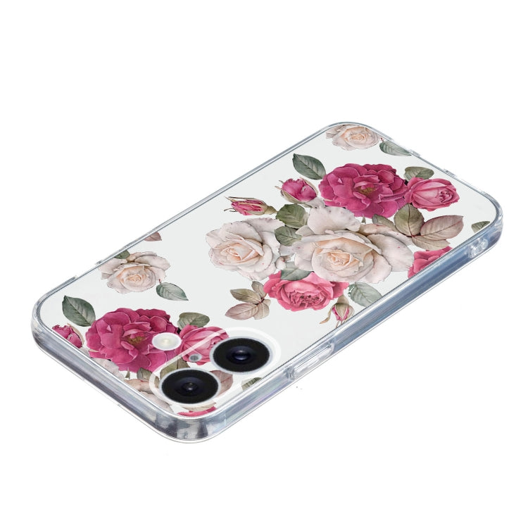 For iPhone 16 Colored Drawing Pattern Transparent TPU Phone Case(Peony) - iPhone 16 Cases by buy2fix | Online Shopping UK | buy2fix