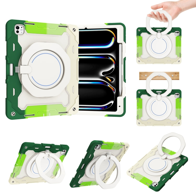 For iPad Pro 13 2024 Armor Portable Rotating Ring Holder Silicone Tablet Case with Pen Slot(Colorful Green) - iPad Pro 13 2024 Cases by buy2fix | Online Shopping UK | buy2fix