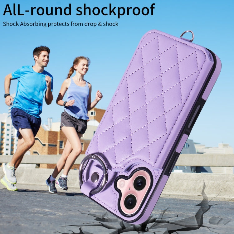 For iPhone 16 Rhombic Texture Card Bag Phone Case with Short Lanyard(Purple) - iPhone 16 Cases by buy2fix | Online Shopping UK | buy2fix