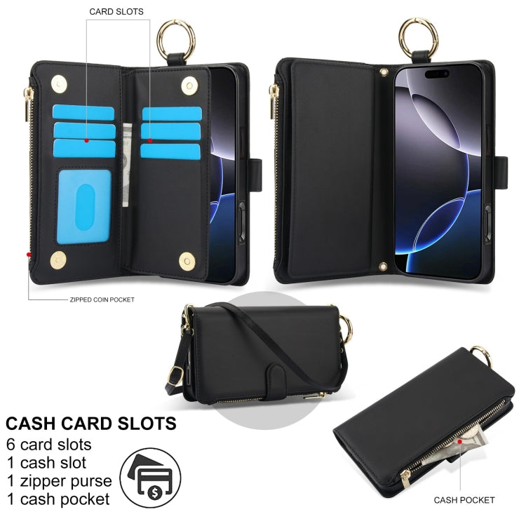 For iPhone 16 Pro Crossbody Ring Multifunctional Wallet Leather Phone Case(Black) - More iPhone Cases by buy2fix | Online Shopping UK | buy2fix