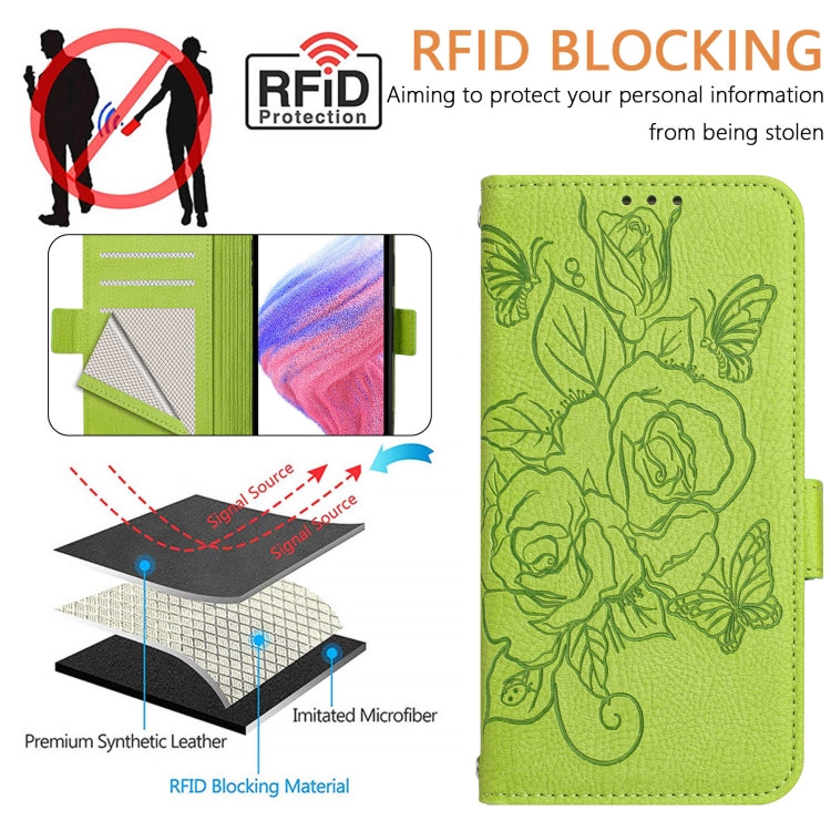 For iPhone SE 2024 Embossed Rose RFID Anti-theft Leather Phone Case(Green) - More iPhone Cases by buy2fix | Online Shopping UK | buy2fix