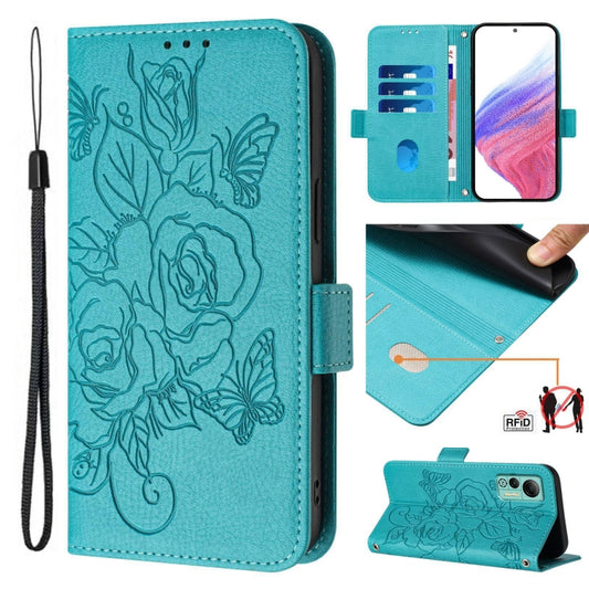 For Ulefone Note 14 Embossed Rose RFID Anti-theft Leather Phone Case(Light Blue) - Ulefone Cases by buy2fix | Online Shopping UK | buy2fix