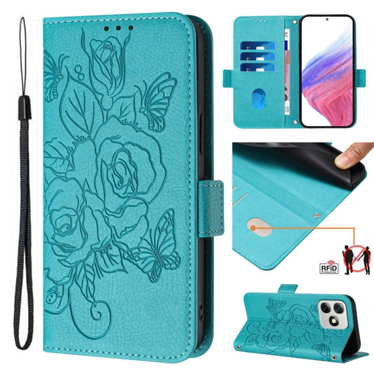 For Ulefone Note 18 Ultra Embossed Rose RFID Anti-theft Leather Phone Case(Light Blue) - Ulefone Cases by buy2fix | Online Shopping UK | buy2fix