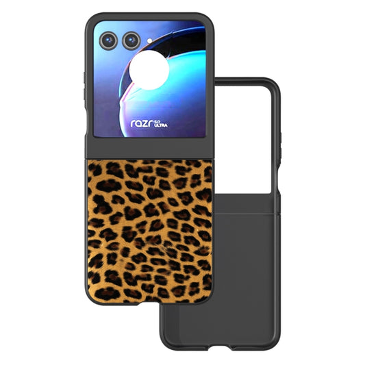 For Motorola Razr 50 Black Edge Leopard Phone Case(Gold Leopard) - Motorola Cases by buy2fix | Online Shopping UK | buy2fix