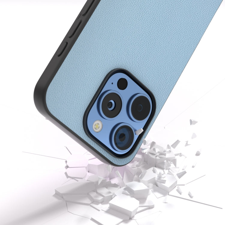 For iPhone 16 Pro ABEEL Black Frame Genuine Leather Elegant Phone Case(Sky Blue) - iPhone 16 Pro Cases by buy2fix | Online Shopping UK | buy2fix