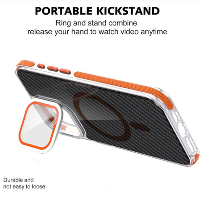 For iPhone 12 Pro / 12 Magsafe Dual-Color Carbon Fiber Lens Film Phone Case with Lens Fold Holder(Orange) - iPhone 12 / 12 Pro Cases by buy2fix | Online Shopping UK | buy2fix