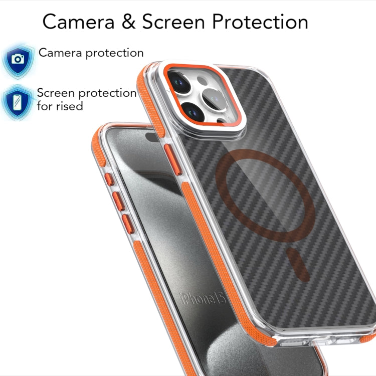 For iPhone 12 Pro / 12 Magsafe Dual-Color Carbon Fiber Lens Film Phone Case with Lens Fold Holder(Orange) - iPhone 12 / 12 Pro Cases by buy2fix | Online Shopping UK | buy2fix