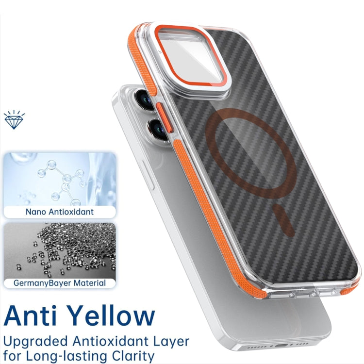 For iPhone 12 Pro / 12 Magsafe Dual-Color Carbon Fiber Lens Film Phone Case with Lens Fold Holder(Orange) - iPhone 12 / 12 Pro Cases by buy2fix | Online Shopping UK | buy2fix