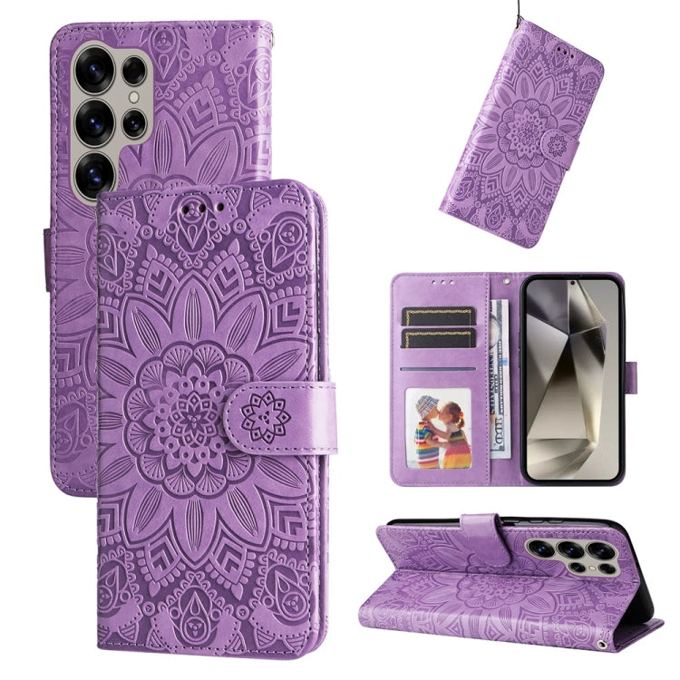 For Samsung Galaxy S25 Ultra 5G Embossed Sunflower Leather Phone Case(Purple) - Galaxy S25 Ultra 5G Cases by buy2fix | Online Shopping UK | buy2fix