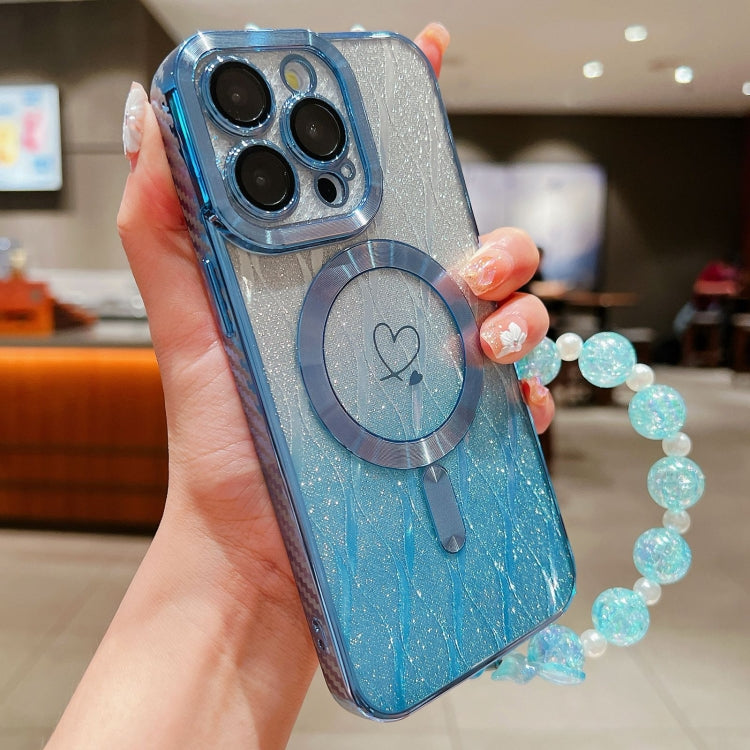 For iPhone 14 Pro Loves Leaves Gradient Glitter Bracelets Carbon Fiber Magsafe TPU Phone Case(Blue) - iPhone 14 Pro Cases by buy2fix | Online Shopping UK | buy2fix