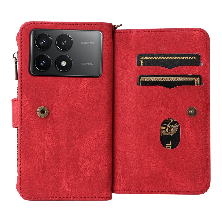 For Redmi K70 Skin Feel Multi Card Slots Zipper Wallet Leather Phone Case(Red) - K70 Cases by buy2fix | Online Shopping UK | buy2fix