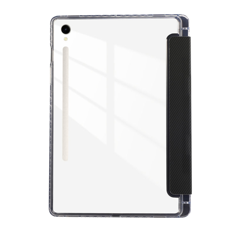 For Samsung Galaxy Tab S9 / S9 FE Carbon Fiber Clear Acrylic 3-Fold Leather Tablet Case(Black) - Galaxy Tab S9 Cases by buy2fix | Online Shopping UK | buy2fix