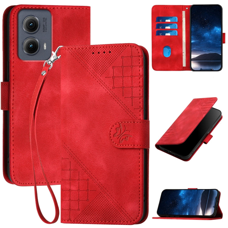 For Motorola Edge 2024 5G Global YX0080 Grid Butterfly Embossed Pattern Flip Leather Phone Case with Lanyard(Red) - Motorola Cases by buy2fix | Online Shopping UK | buy2fix