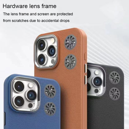 For iPhone 16 Pro Leather Textured Fan Hollow Cooling MagSafe Magnetic Phone Case(Blue) - iPhone 16 Pro Cases by buy2fix | Online Shopping UK | buy2fix