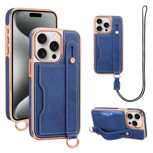 For iPhone 15 Pro Max VIETAO Card Slot Wristband Phone Case with Lanyard(Blue) - iPhone 15 Pro Max Cases by VIETAO | Online Shopping UK | buy2fix