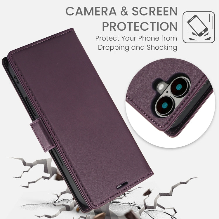 For iPhone 16 Side Buckle RFID Anti-theft Leather Phone Case(Dark Purple) - iPhone 16 Cases by buy2fix | Online Shopping UK | buy2fix