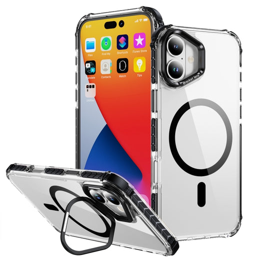 For iPhone 16 Plus Rainbow Series Transparent MagSafe Lens Holder Phone Case(Black) - iPhone 16 Plus Cases by buy2fix | Online Shopping UK | buy2fix