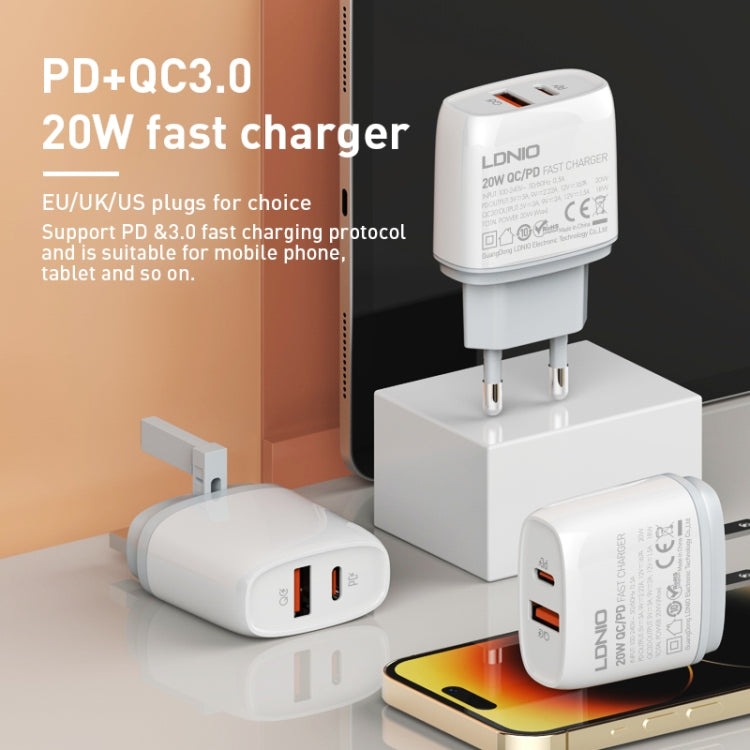 LDNIO Q229 QC3.0 / PD20W USB + Type-C Fast Charger with 1m USB to 8 Pin Cable, Plug Type:EU Plug(White) - USB Charger by LDNIO | Online Shopping UK | buy2fix