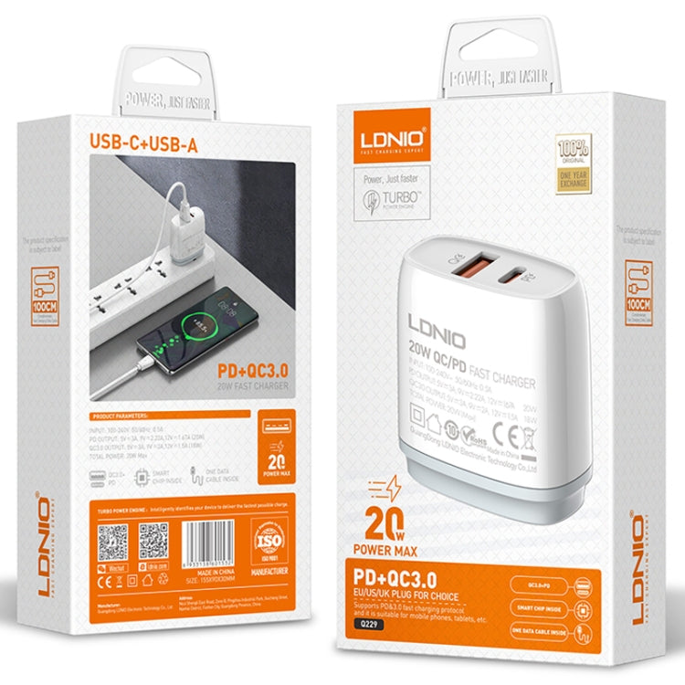 LDNIO Q229 QC3.0 / PD20W USB + Type-C Fast Charger with 1m USB to 8 Pin Cable, Plug Type:UK Plug(White) - USB Charger by LDNIO | Online Shopping UK | buy2fix