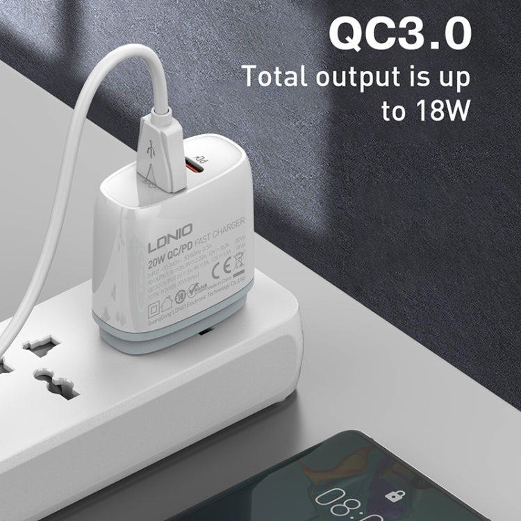 LDNIO Q229 QC3.0 / PD20W USB + Type-C Fast Charger with 1m USB to 8 Pin Cable, Plug Type:UK Plug(White) - USB Charger by LDNIO | Online Shopping UK | buy2fix