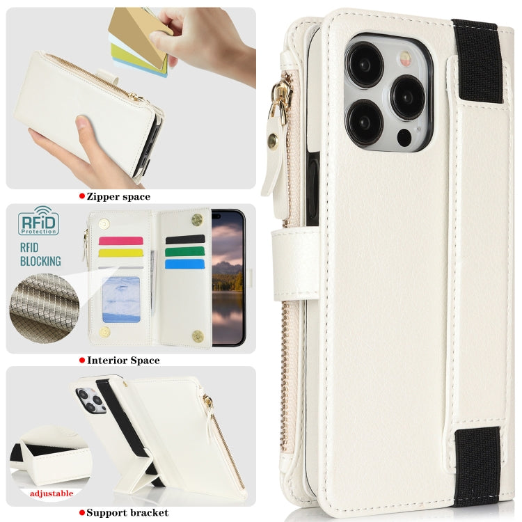 For iPhone 16 Pro Wristband Holder Zipper Purse RFID Leather Phone Case(White) - iPhone 16 Pro Cases by buy2fix | Online Shopping UK | buy2fix