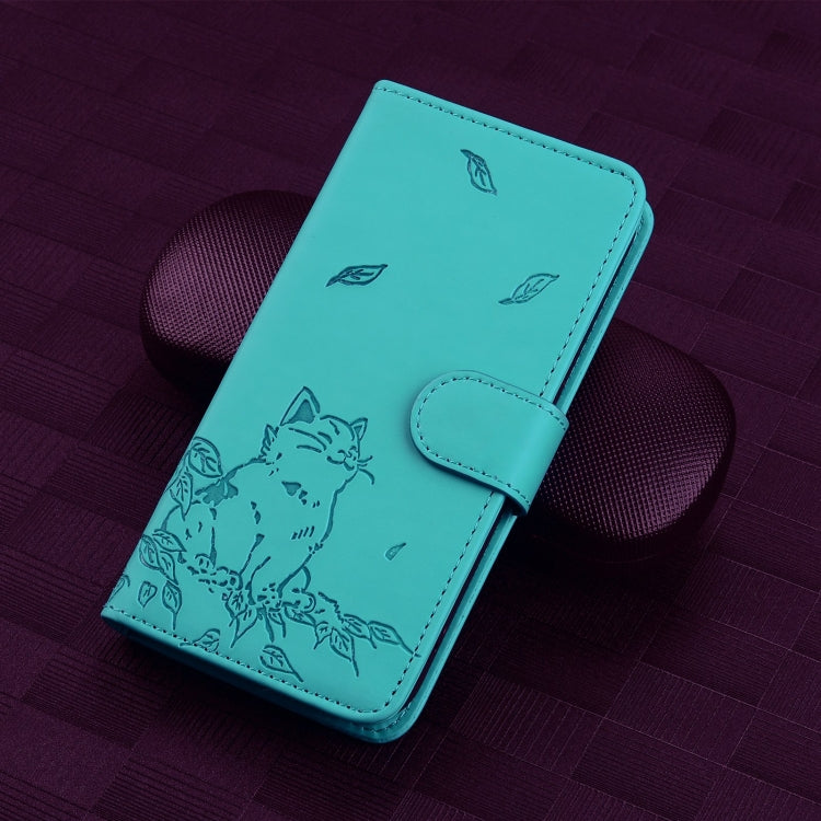 For Google Pixel 9 / 9 Pro Cute Cat Embossed Leather Phone Case(Lake Blue) - Google Cases by buy2fix | Online Shopping UK | buy2fix