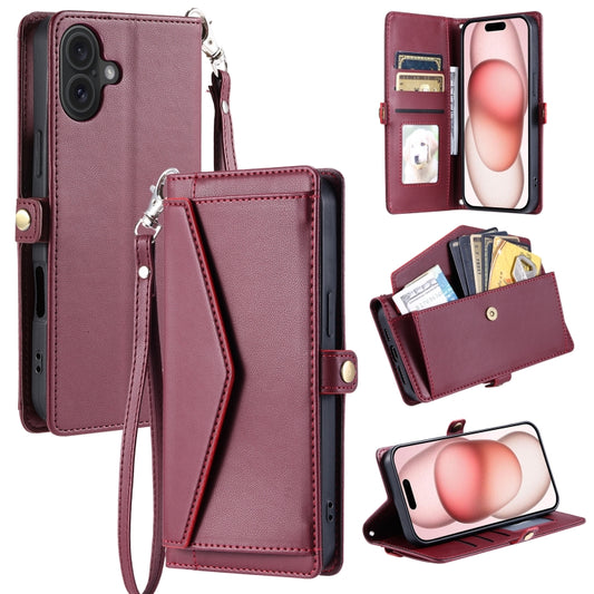 For iPhone 16 Plus Wallet Multi-card Slot Leather Phone Case with Lanyard(Wine Red) - iPhone 16 Plus Cases by buy2fix | Online Shopping UK | buy2fix