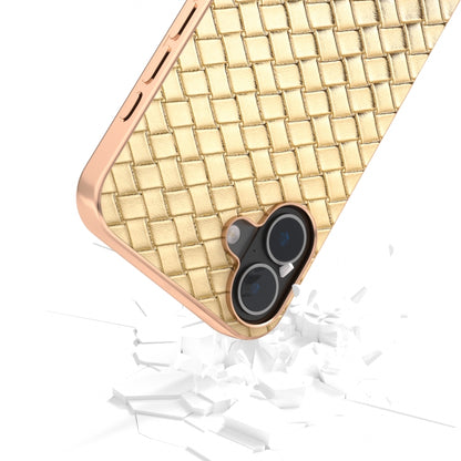 For iPhone 16 Plus Electroplated Frame Woven Texture PU Phone Case(Gold) - iPhone 16 Plus Cases by buy2fix | Online Shopping UK | buy2fix