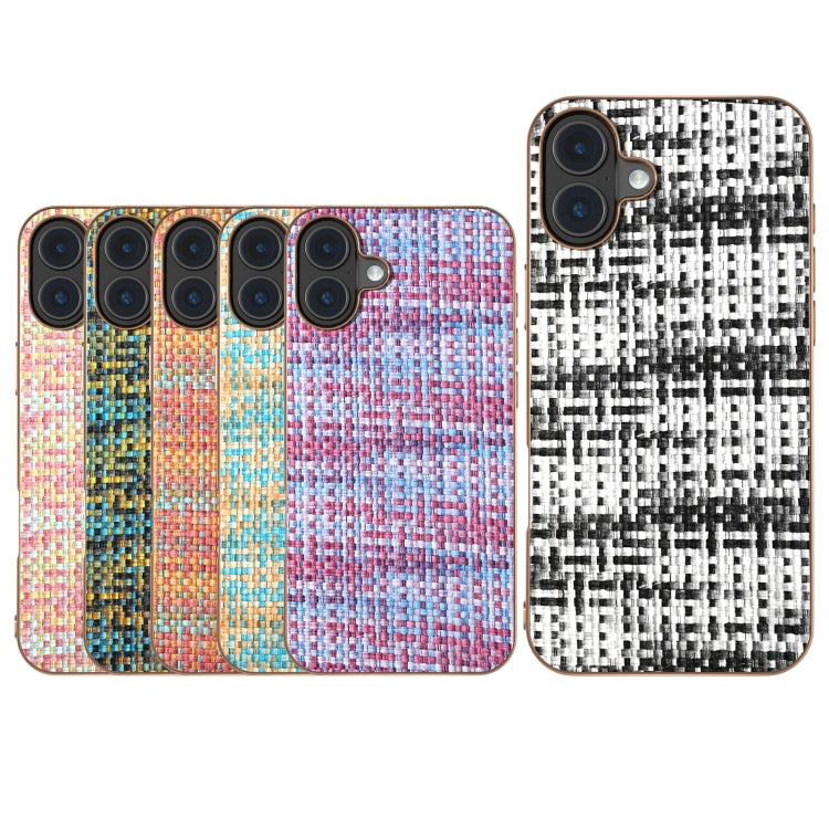 For iPhone 16 Plus Electroplated Frame Color Lattice Texture PU Phone Case(Gold) - iPhone 16 Plus Cases by buy2fix | Online Shopping UK | buy2fix