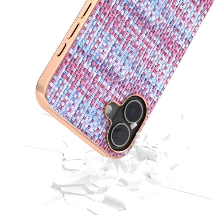 For iPhone 16 Electroplated Frame Color Lattice Texture PU Phone Case(Purple) - iPhone 16 Cases by buy2fix | Online Shopping UK | buy2fix