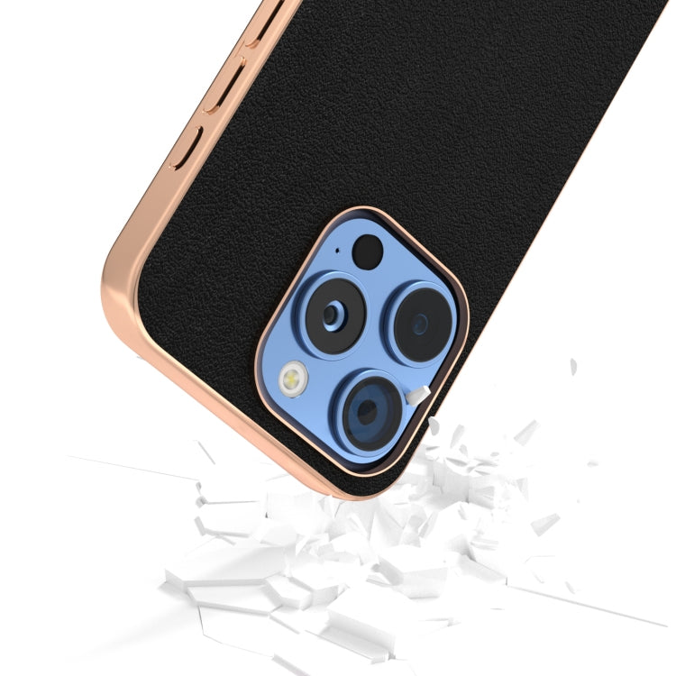 For iPhone 16 Pro ABEEL Electroplated Frame Genuine Leather Wave Phone Case(Black) - iPhone 16 Pro Cases by buy2fix | Online Shopping UK | buy2fix