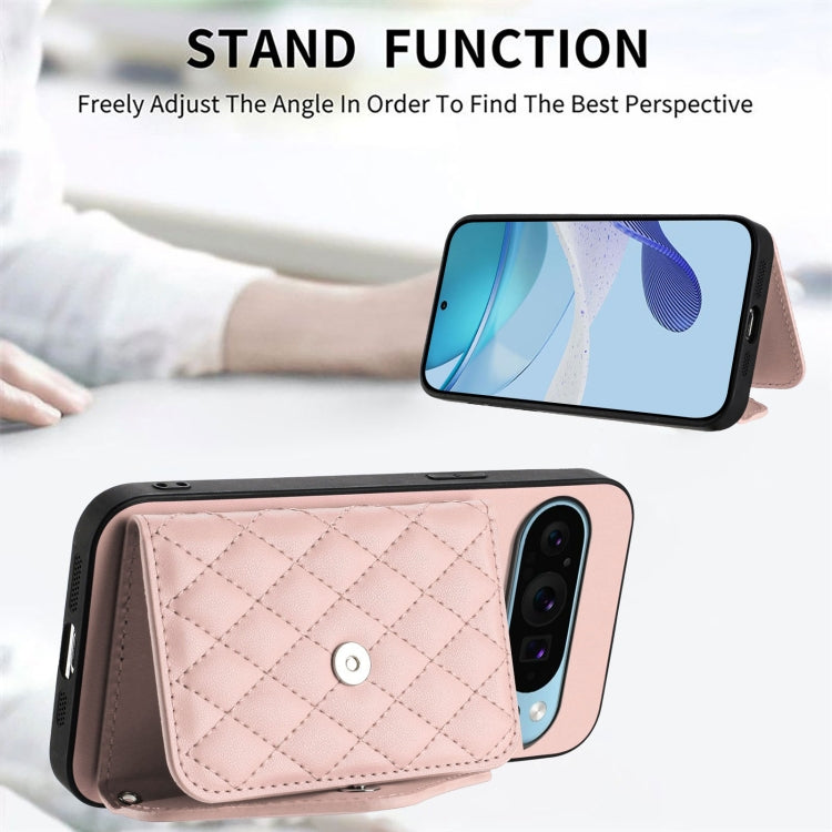 For Google Pixel 9 / 9 Pro Rhombic Texture Card Bag RFID Phone Case with Long Lanyard(Rose Gold) - Google Cases by buy2fix | Online Shopping UK | buy2fix