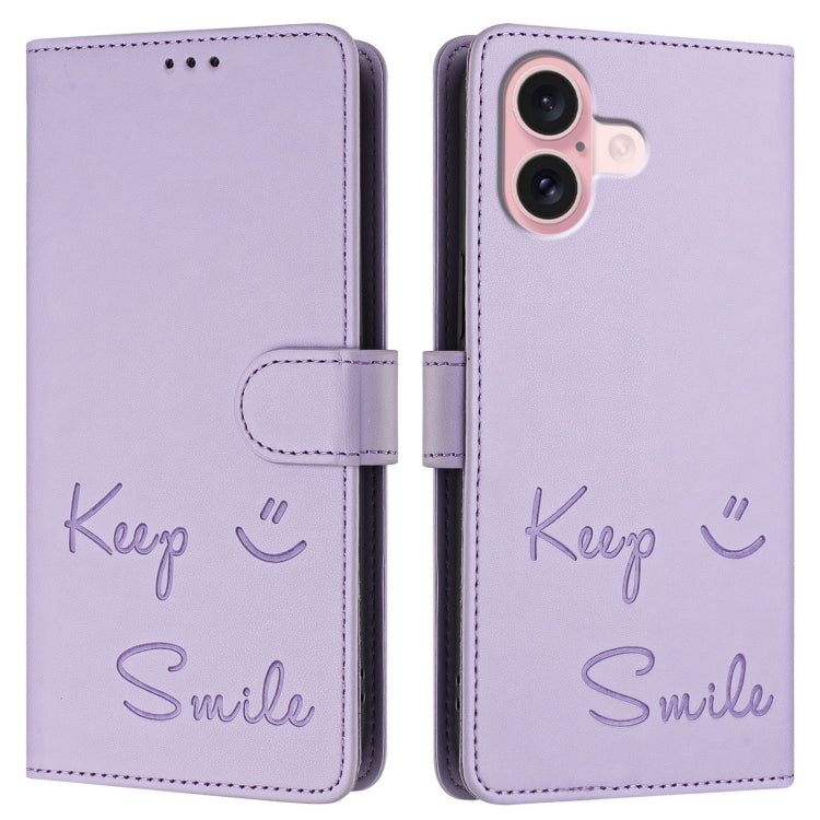 For iPhone 16 Smile Embossing RFID Leather Phone Case(Light Purple) - iPhone 16 Cases by buy2fix | Online Shopping UK | buy2fix