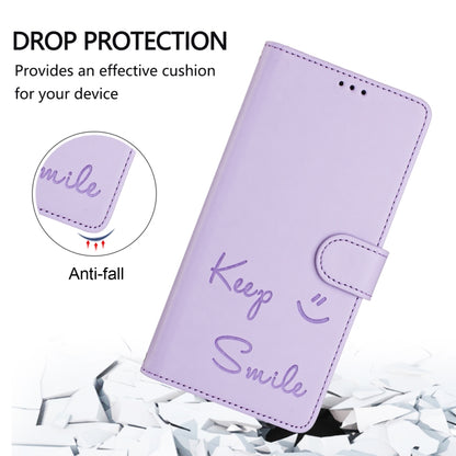 For iPhone 16 Smile Embossing RFID Leather Phone Case(Light Purple) - iPhone 16 Cases by buy2fix | Online Shopping UK | buy2fix