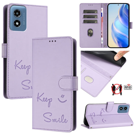 For Motorola Moto G 5G 2024 Global Smile Embossing RFID Leather Phone Case(Light Purple) - Motorola Cases by buy2fix | Online Shopping UK | buy2fix