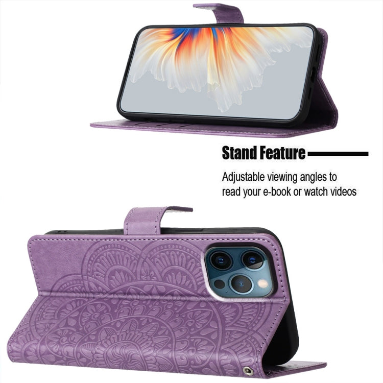 For iPhone 16 Pro Flower Embossed Leather Phone Case(Purple) - iPhone 16 Pro Cases by buy2fix | Online Shopping UK | buy2fix