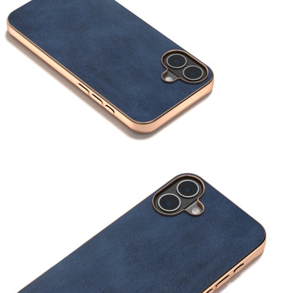 For iPhone 16 Plus Nano Electroplating Dual Color Cowhide Texture Protective Phone Case(Blue) - iPhone 16 Plus Cases by buy2fix | Online Shopping UK | buy2fix