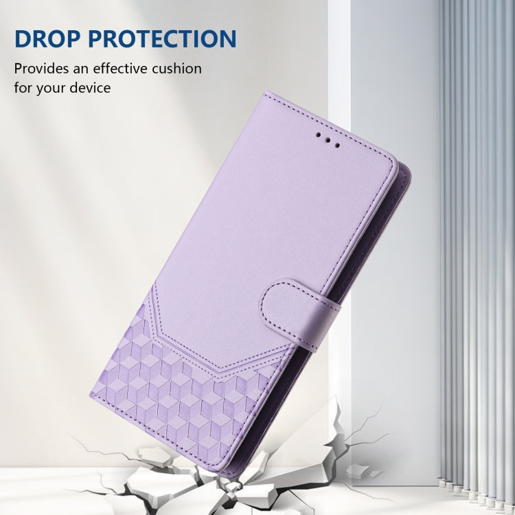 For iPhone 16 Honeycomb Embossing RFID Leather Phone Case(Light Purple) - iPhone 16 Cases by buy2fix | Online Shopping UK | buy2fix