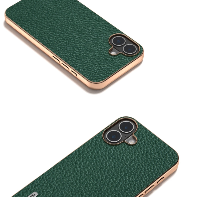 For iPhone 16 ABEEL Electroplating Frame Genuine Leather Litchi Texture Phone Case(Green) - iPhone 16 Cases by buy2fix | Online Shopping UK | buy2fix