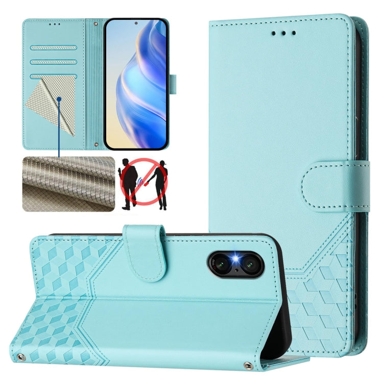 For Sony Xperia 5 VI 2024 Honeycomb Embossing RFID Leather Phone Case(Mint Green) - Sony Cases by buy2fix | Online Shopping UK | buy2fix