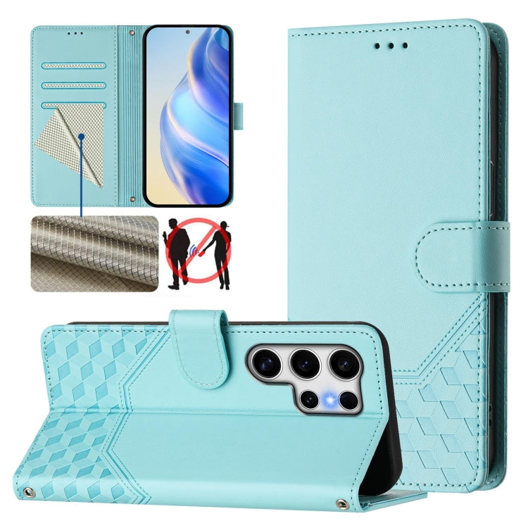 For Samsung Galaxy S25 Ultra 5G Honeycomb Embossing RFID Leather Phone Case(Mint Green) - Galaxy S25 Ultra 5G Cases by buy2fix | Online Shopping UK | buy2fix