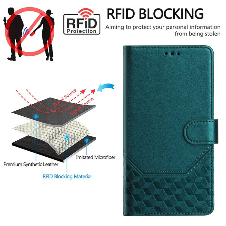 For Motorola Moto G Play 4G 2024 Oversea Honeycomb Embossing RFID Leather Phone Case(Peacock Green) - Motorola Cases by buy2fix | Online Shopping UK | buy2fix