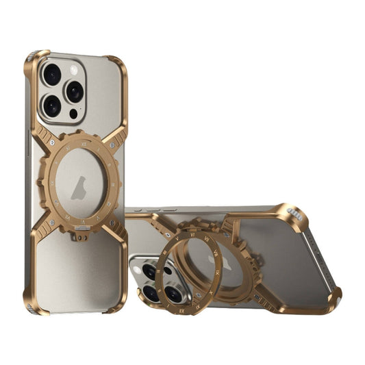 For iPhone 16 Pro Mechanical Gear MagSafe Holder Borderless Metal Phone Case(Gold) - iPhone 16 Pro Cases by buy2fix | Online Shopping UK | buy2fix