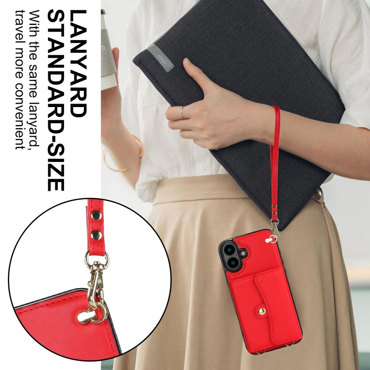 For iPhone 16 RFID Card Slot Phone Case with Long Lanyard(Red) - iPhone 16 Cases by buy2fix | Online Shopping UK | buy2fix