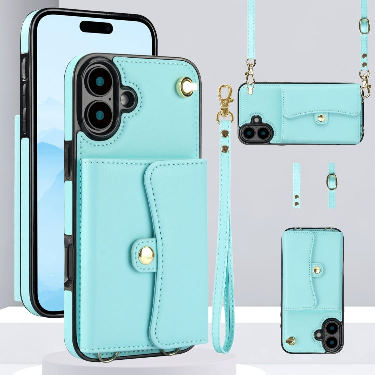 For iPhone 16 RFID Card Slot Phone Case with Long Lanyard(Mint Green) - iPhone 16 Cases by buy2fix | Online Shopping UK | buy2fix