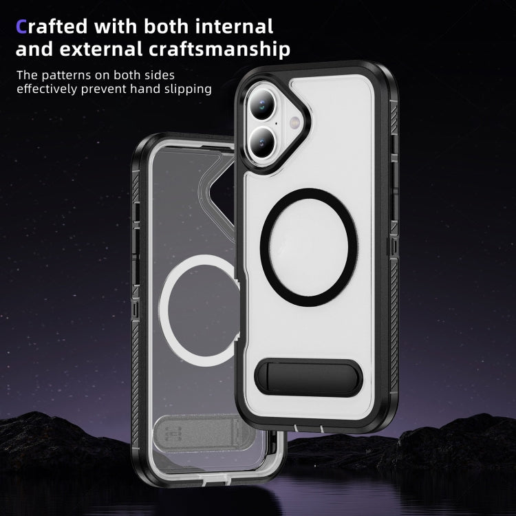 For iPhone 16 Guard MagSafe Holder Matte PC Hybrid TPU Phone Case(Black Transparent) - iPhone 16 Cases by buy2fix | Online Shopping UK | buy2fix